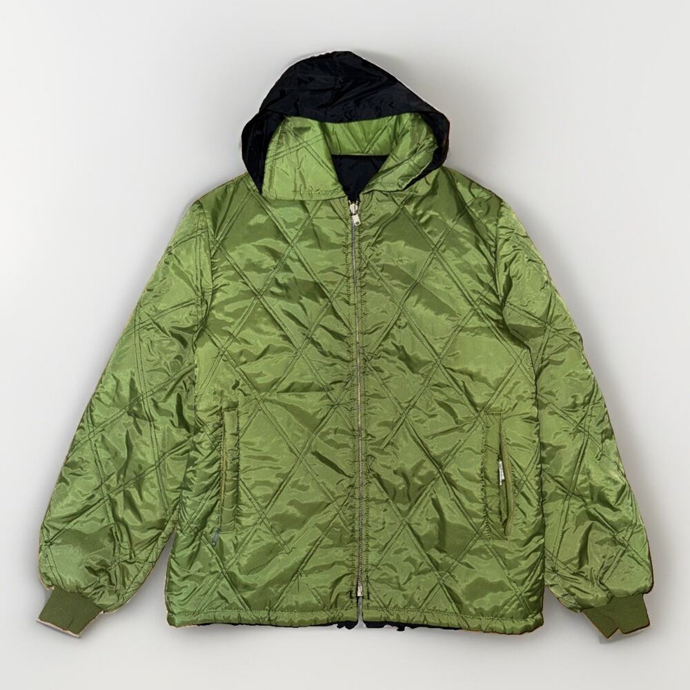 Vintage Montgomery Ward Large 14-16 Quilted Jacket Green Black Reversible 18x24